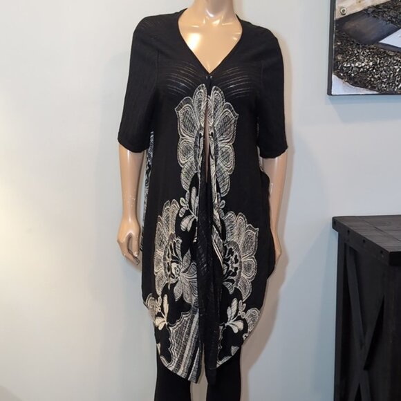 Vintage Chicos Damask Modal Cardigan Open Flyaway Front Short Sleeve Ribbed Knit - Picture 11 of 17